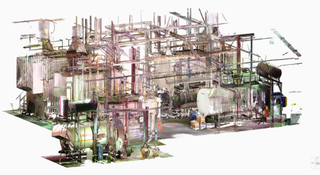 Registered point cloud of a mechanical / process facility captured by TEK Builders, showing piping, tanks, and structural steel in full color.
